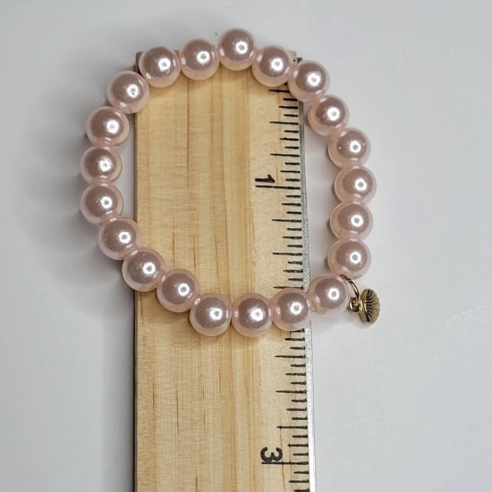 Girl's Faux Pink Pearls with Gold Tone Sea Shell Pendant Bracelet
